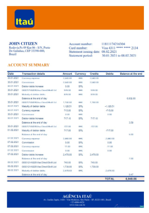 Download Brazil Itau bank statement excel Photoshop template